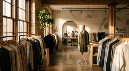 Elegant boutique storefront with artisan-crafted clothing displays showcasing quality fabric textures and timeless designs