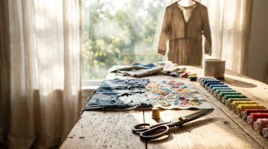 Artistic workspace showing creative clothing transformation with fabric pieces, threads, and vintage garments in natural light