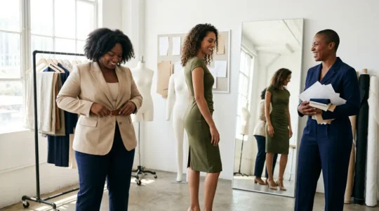 Professional fashion photograph showing diverse body morphology styling with elevated confidence