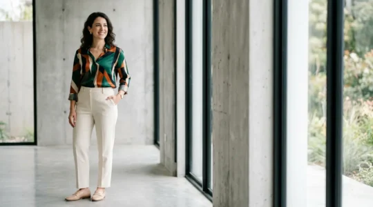 Woman confidently wearing a striking geometric print blouse with minimalist neutral pieces