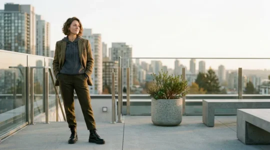 Woman wearing eclectic outfit mixing vintage blazer with streetwear elements in urban setting