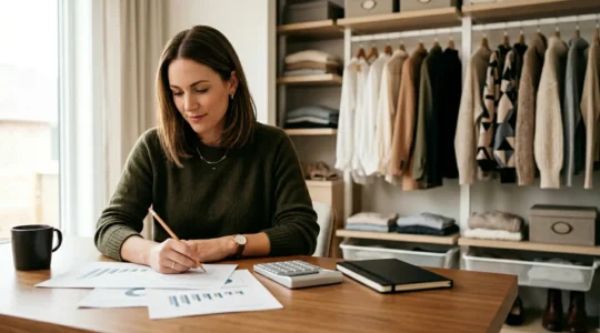 Professional woman reviewing financial documents with organized wardrobe visible in soft focus background