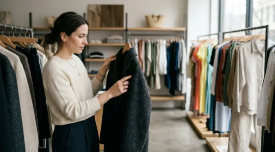 Woman thoughtfully examining quality winter coat at off-season sale in bright boutique