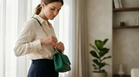 A sophisticated woman's outfit transformation with a statement handbag as the focal point