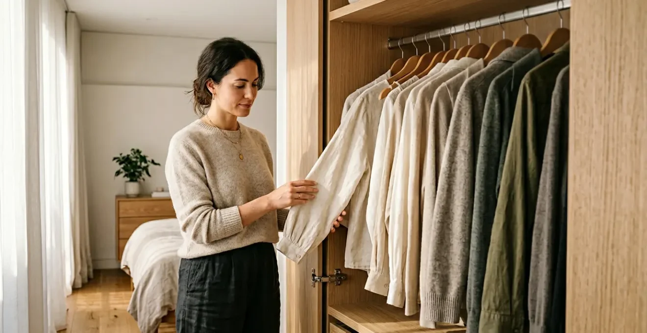 Woman thoughtfully selecting clothing from a minimalist wardrobe in natural morning light