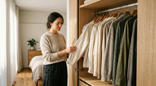 Woman thoughtfully selecting clothing from a minimalist wardrobe in natural morning light