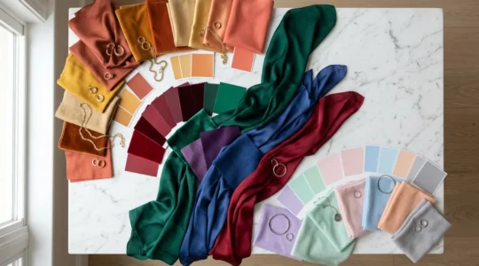 Fashion color palette accessories arranged on neutral surface showing vibrant fabric swatches in jewel and pastel tones