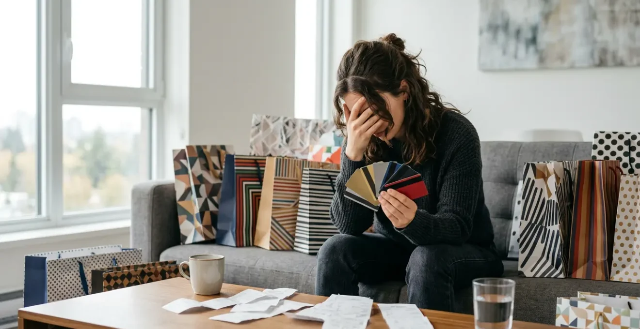 Overwhelmed shopper surrounded by shopping bags holding multiple credit cards with a worried expression