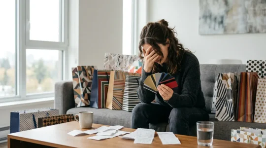 Overwhelmed shopper surrounded by shopping bags holding multiple credit cards with a worried expression