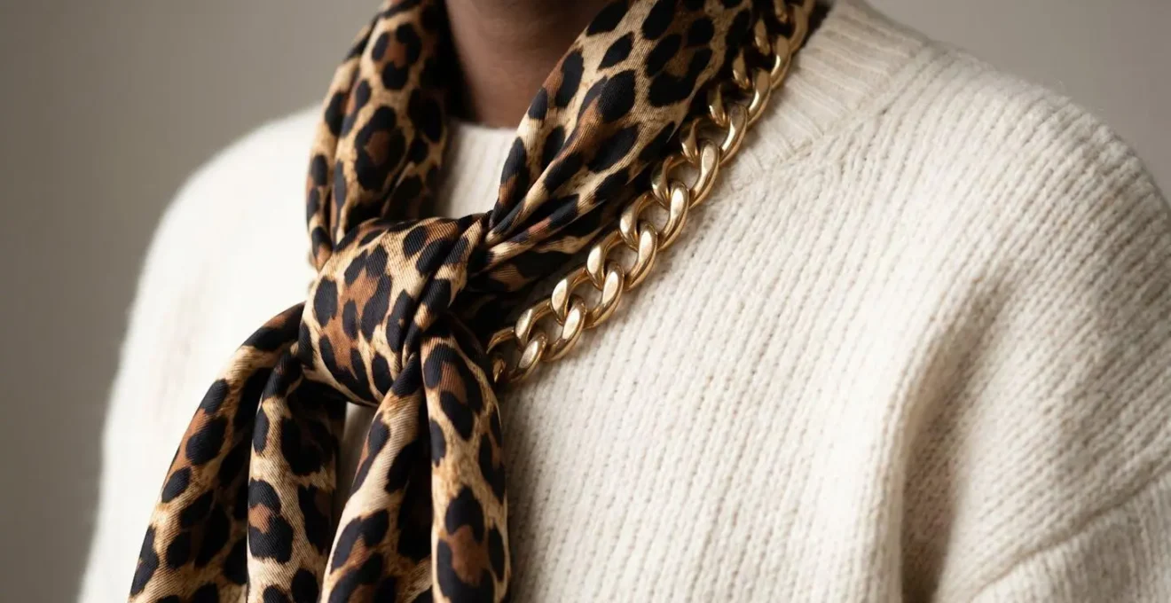 Close-up of outfit details showing minimalist base with bold accent accessories