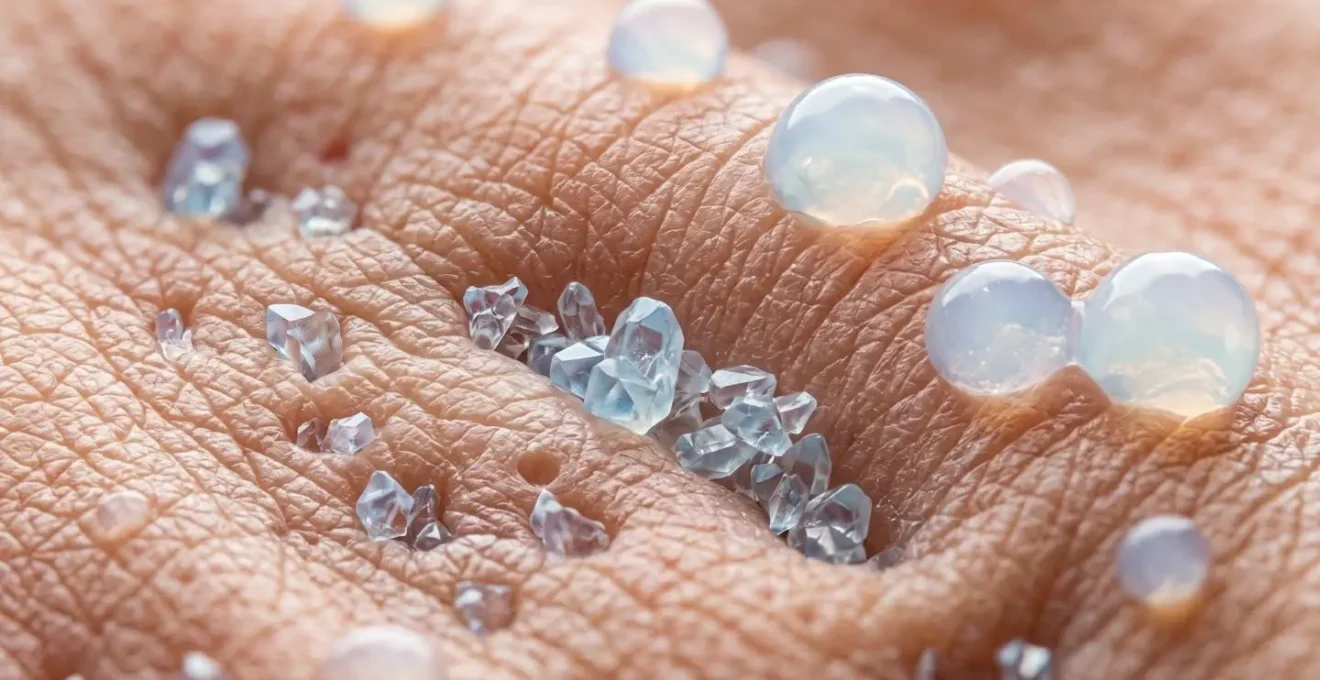 Abstract visualization of different acid molecules penetrating skin layers at various depths