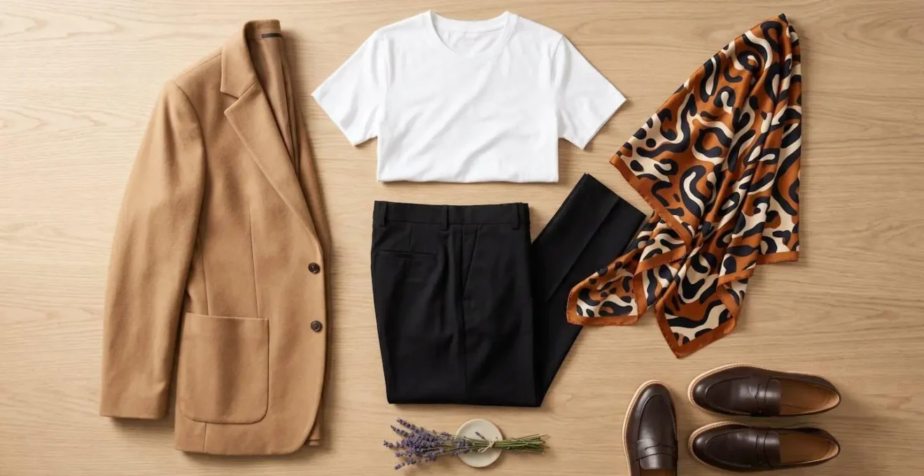 Flat lay of minimalist wardrobe pieces with one bold leopard print silk scarf