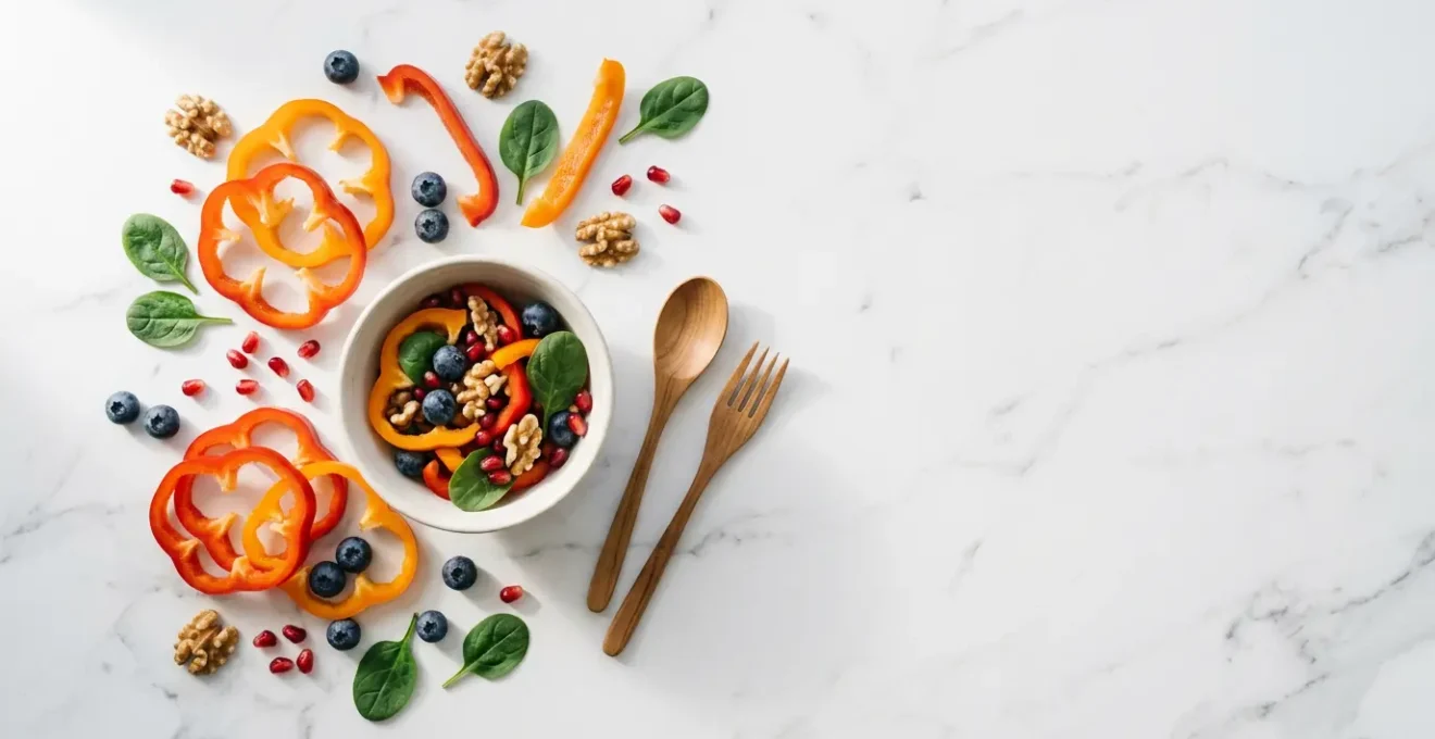 Vibrant glow bowl with colorful antioxidant-rich foods including bell peppers, berries and leafy greens