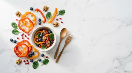 Vibrant glow bowl with colorful antioxidant-rich foods including bell peppers, berries and leafy greens