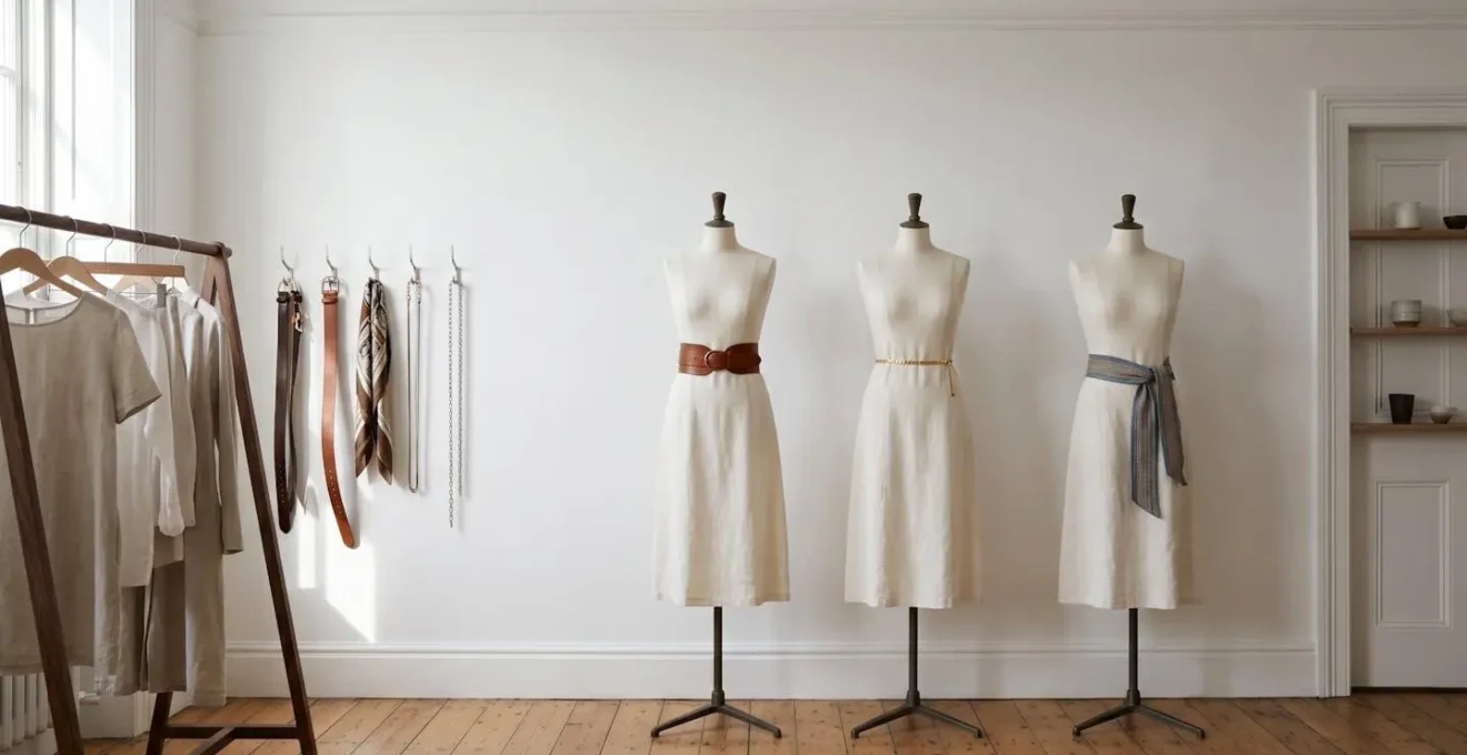 Minimalist fashion photography demonstrating belt placement techniques for different body types