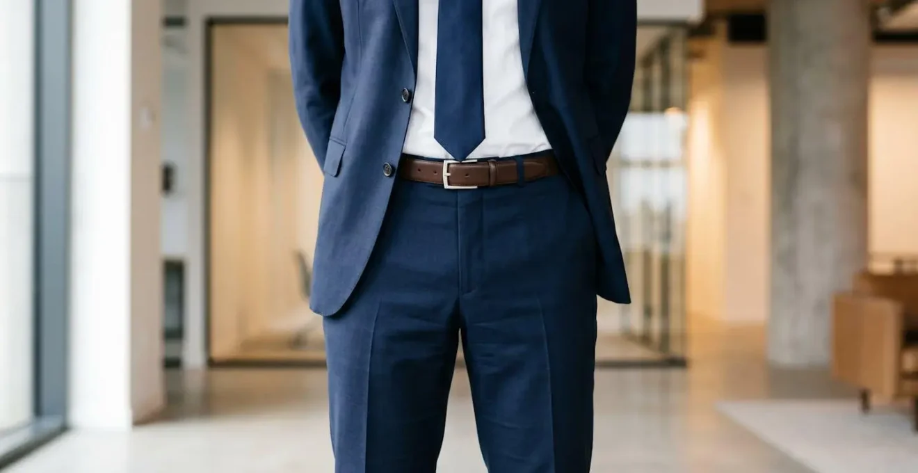 Professional man's torso showing proper belt width proportion with suit