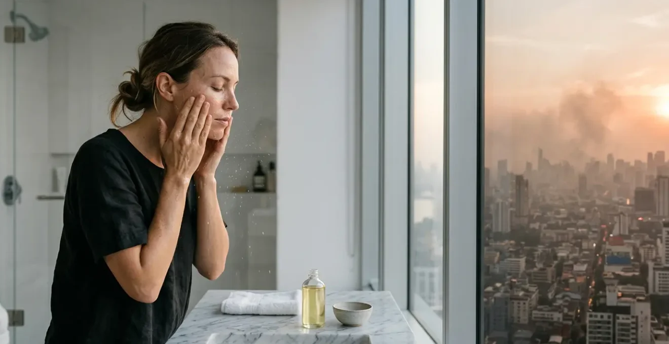 Woman performing facial cleansing ritual against urban backdrop with visible air pollution