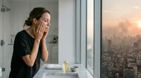 Woman performing facial cleansing ritual against urban backdrop with visible air pollution