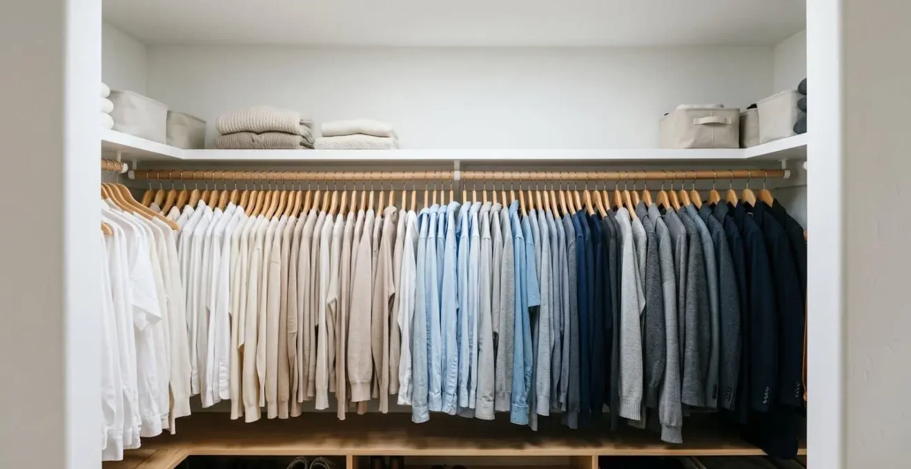 Close-up view of an organized closet with some hangers turned forward and others backward to track usage.