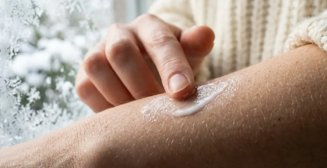 Close-up of winter skincare application showing texture and absorption