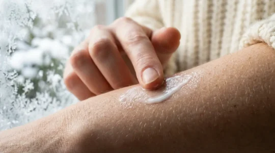 Close-up of winter skincare application showing texture and absorption