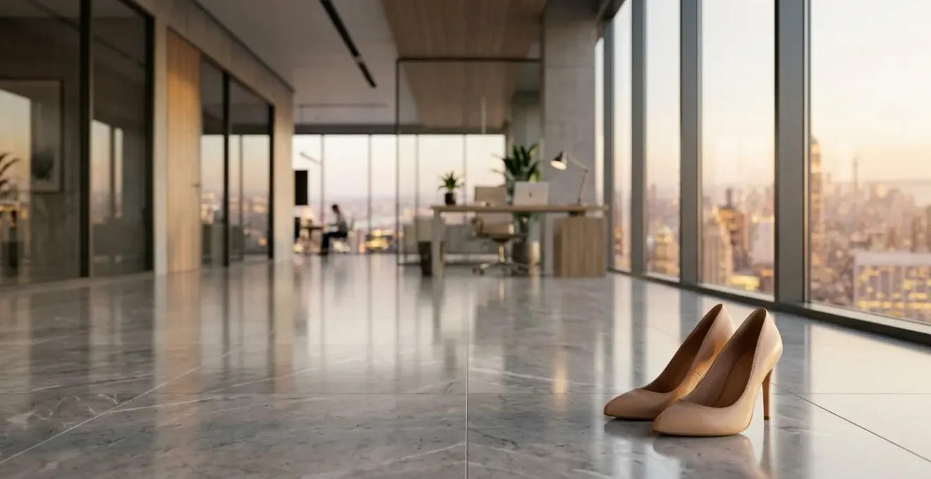 Professional woman's designer pumps in office environment showcasing quality construction