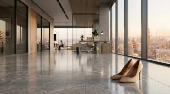 Professional woman's designer pumps in office environment showcasing quality construction