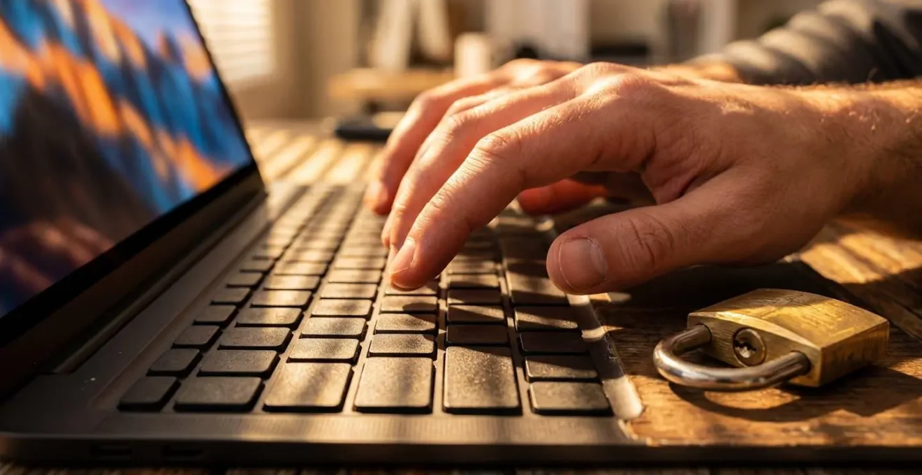 Close-up of hands checking security features on laptop with padlock symbols