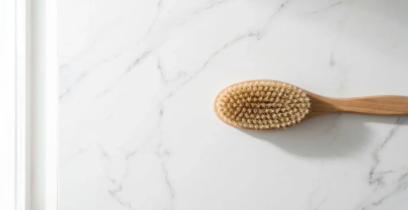 Natural bristle brush against smooth skin showing circular brushing motion for lymphatic drainage