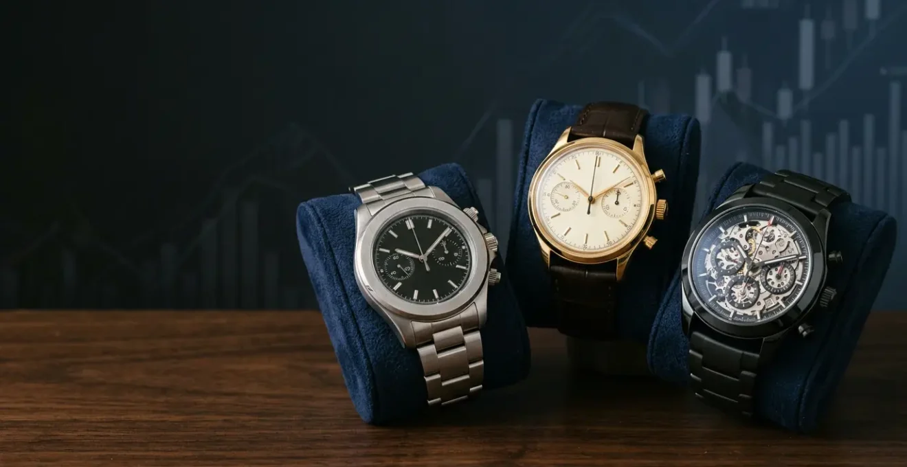 Luxurious chronograph watches displayed on velvet cushions with sophisticated lighting highlighting their mechanical complexity