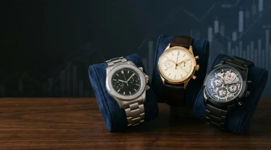 Luxurious chronograph watches displayed on velvet cushions with sophisticated lighting highlighting their mechanical complexity