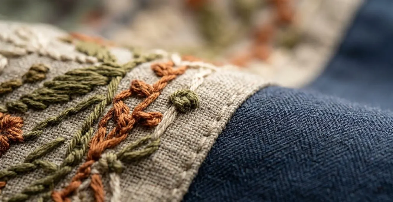 A macro close-up of intricate fabric textures and craftsmanship details from an emerging designer piece, highlighting quality.