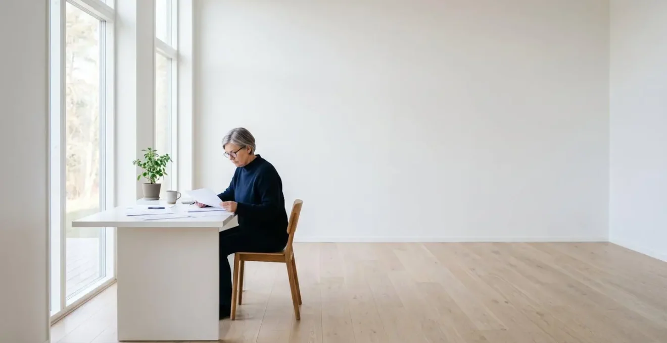 Wide angle view of person reviewing documents with natural lighting in minimalist space