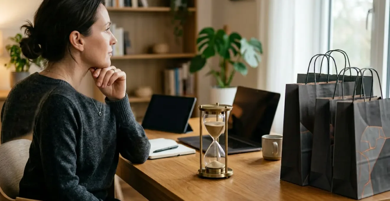 A consumer thoughtfully evaluating flash sale options on multiple devices