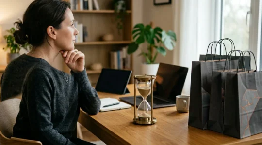 A consumer thoughtfully evaluating flash sale options on multiple devices