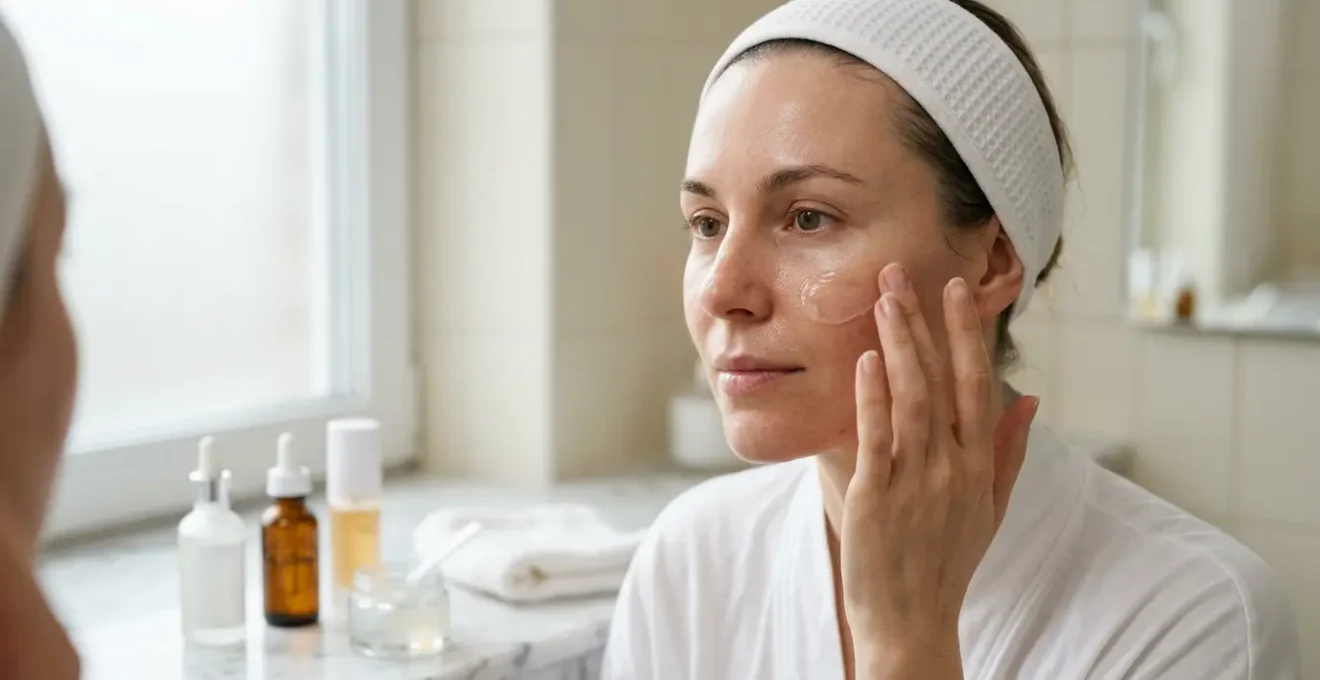 Woman applying gentle chemical peel at home with professional skincare products