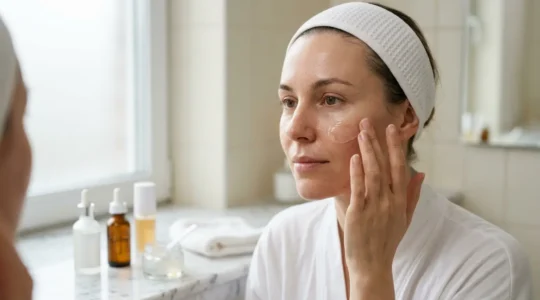 Woman applying gentle chemical peel at home with professional skincare products
