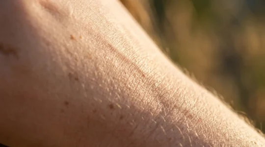 Close-up of radiant facial skin with natural light creating a soft glow, showcasing smooth texture and brightness