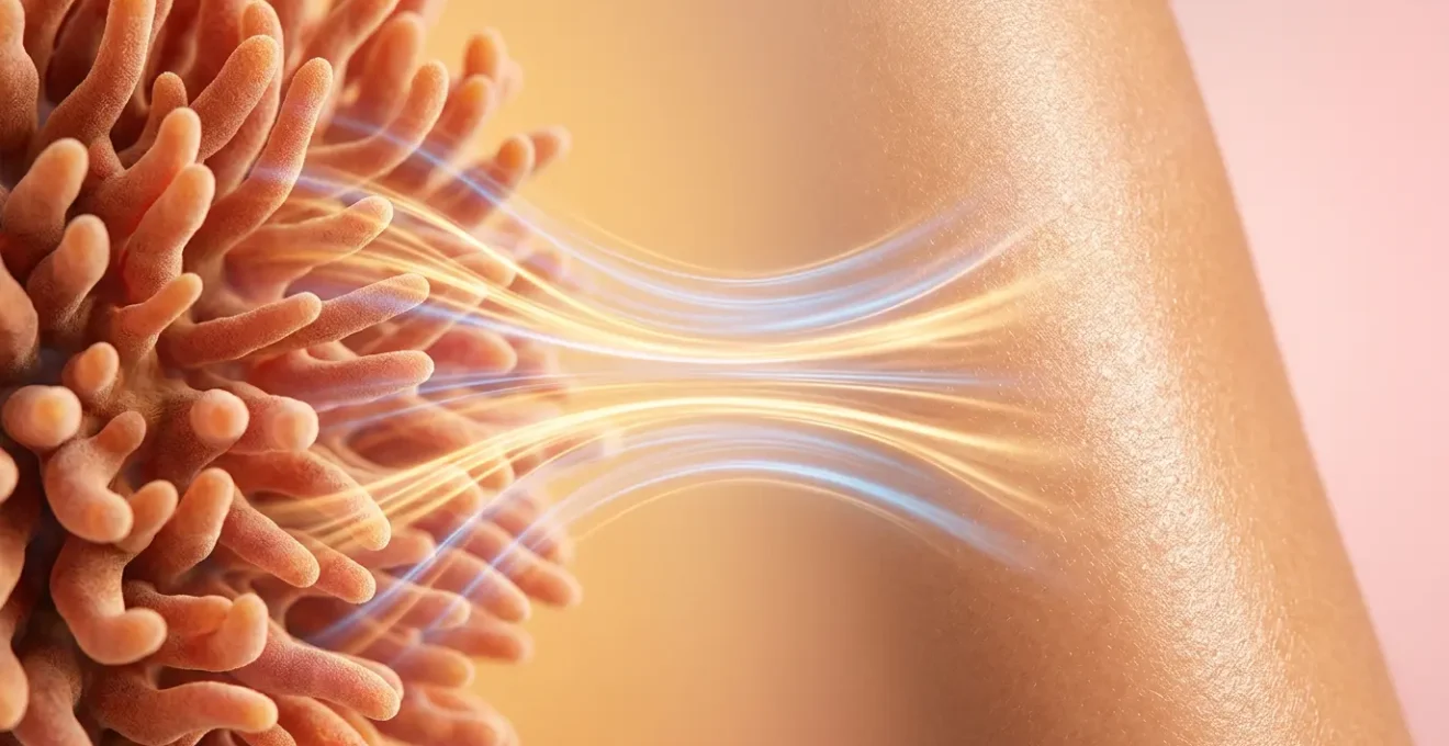 Visual representation of the gut-skin connection showing diverse microbes and glowing skin elements