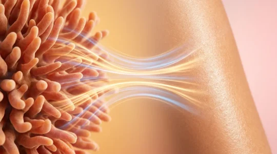 Visual representation of the gut-skin connection showing diverse microbes and glowing skin elements