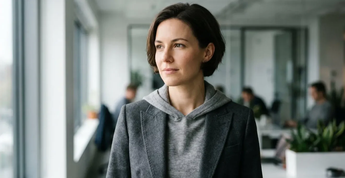 Professional styling of a hoodie layered under a structured blazer