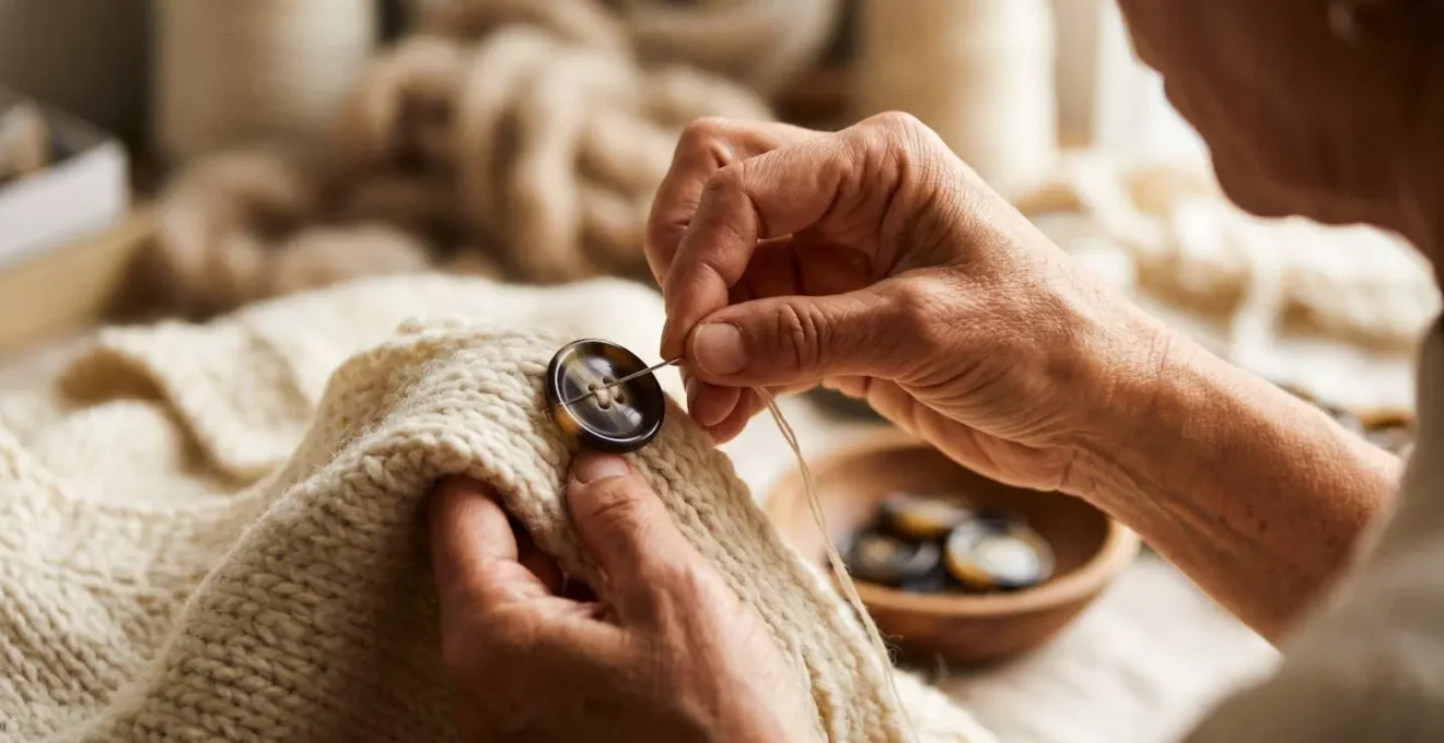 Hands carefully sewing a horn button onto wool cardigan fabric with professional thread shank technique