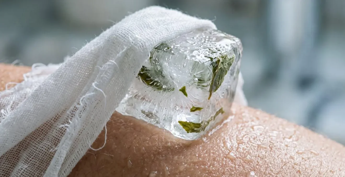 Close-up of ice cubes wrapped in muslin cloth being applied to facial contours