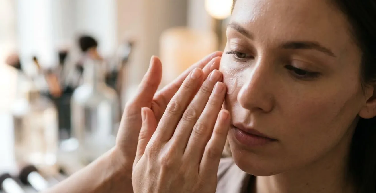 Professional makeup artist applying primer with strategic highlighting technique