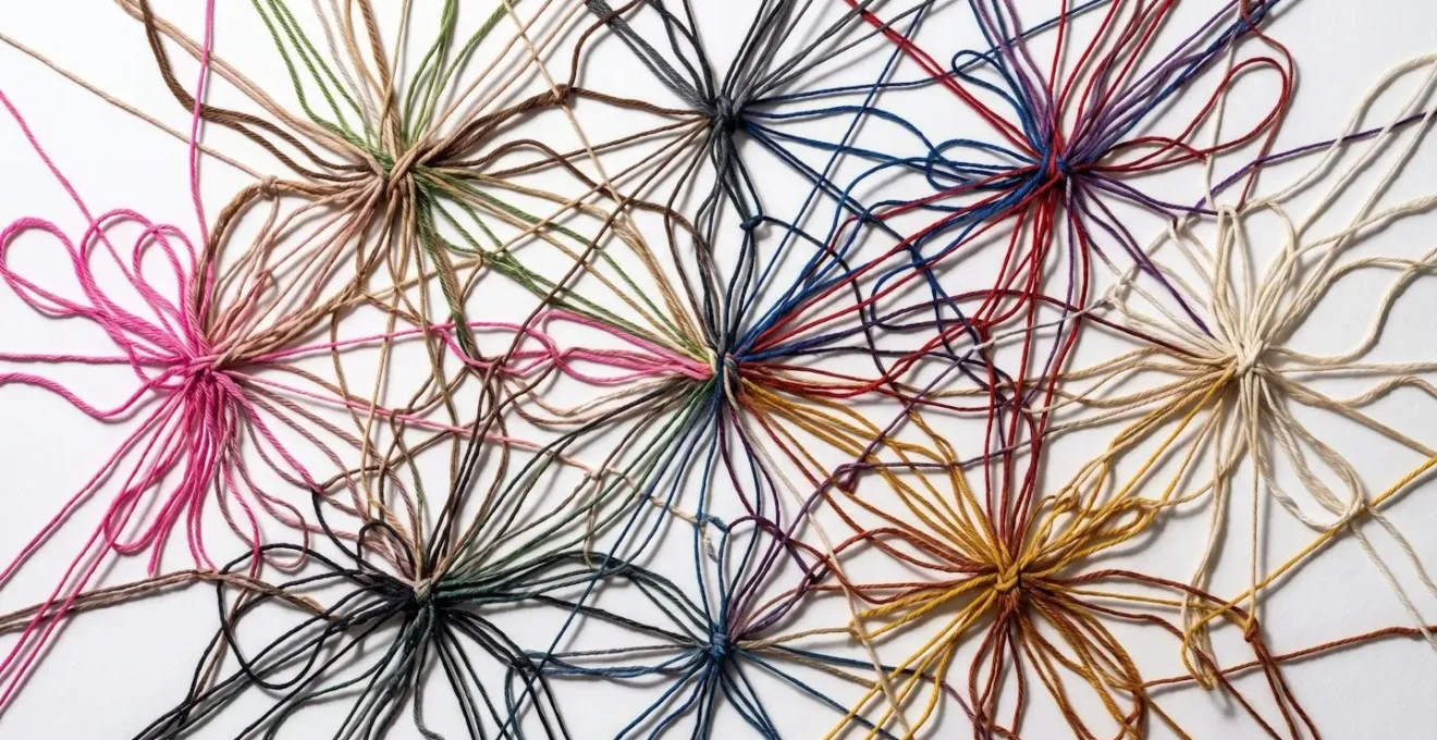 Visual representation of fashion hashtag clusters and connections, shown as an interconnected web of colored threads.