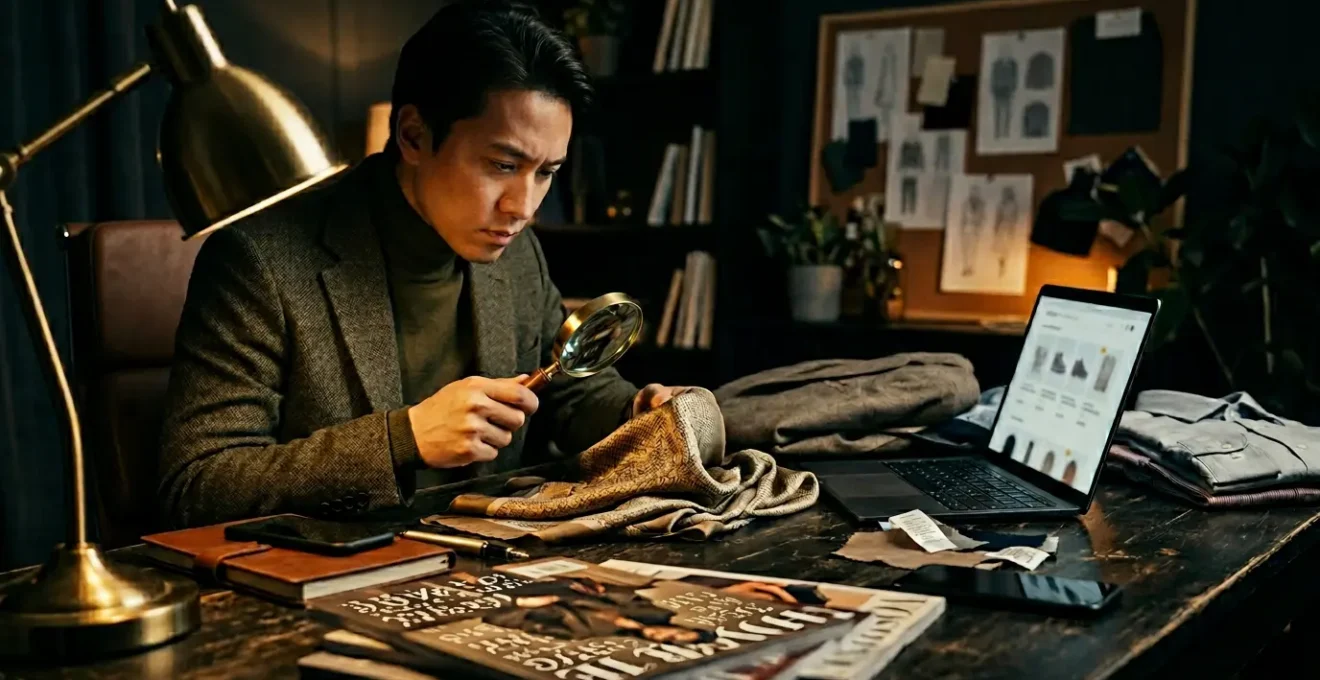 Person examining fashion clothing items with magnifying glass in modern home office setting