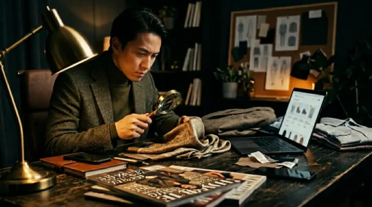 Person examining fashion clothing items with magnifying glass in modern home office setting