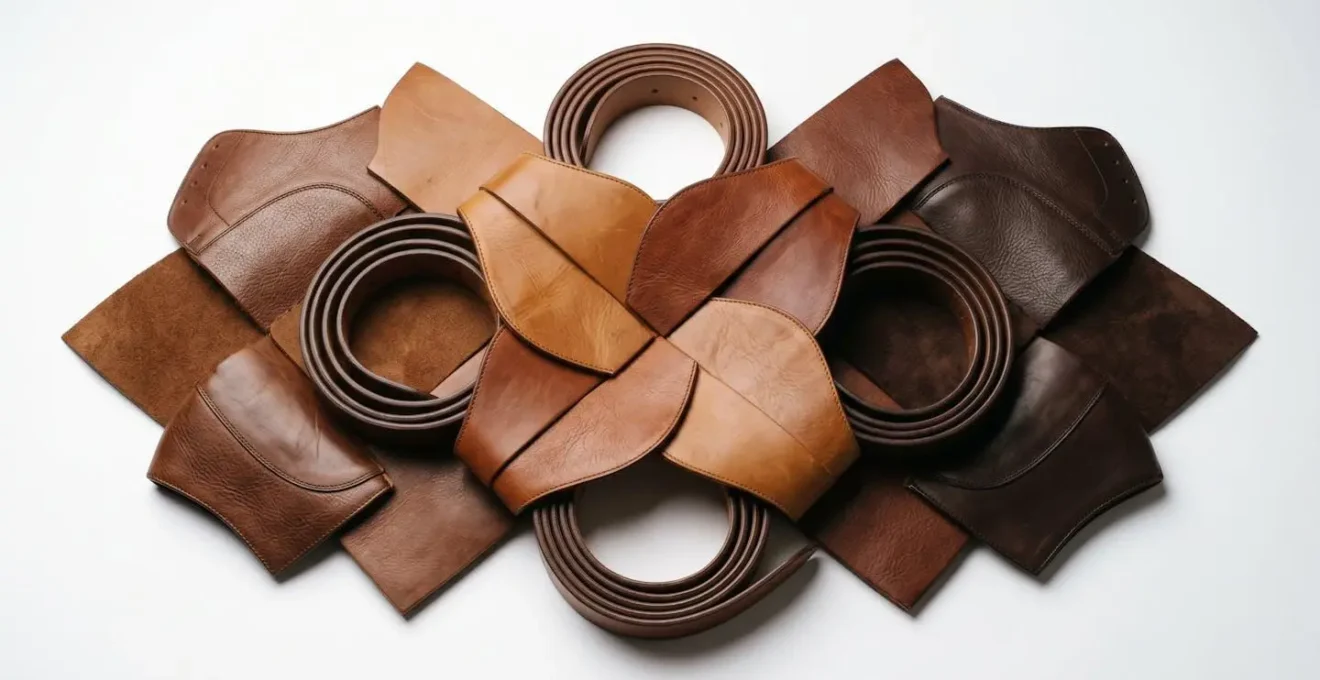 Different shades of brown leather belts and shoes arranged aesthetically