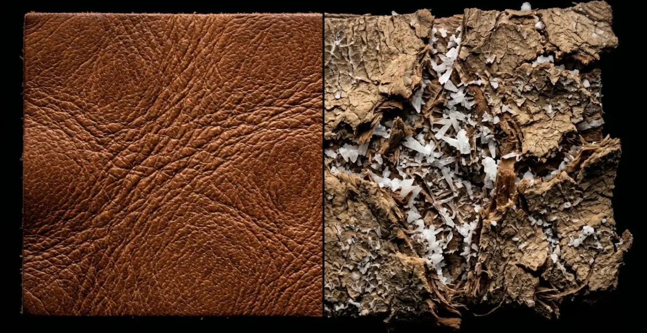Microscopic view of leather fibers showing moisture damage and salt crystallization