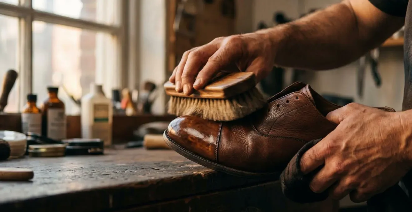 Hands polishing leather oxford shoe to mirror finish with professional technique